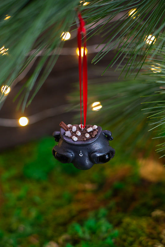 Cinnamon Hot Cocoa Cauldron Ornament w/ Red Ribbon #028