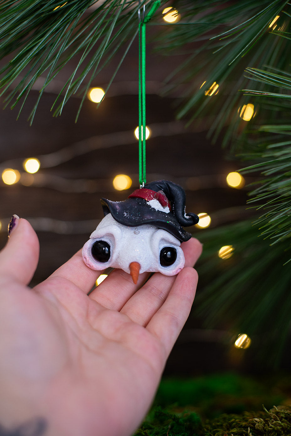 Witchy Snowmish Ornament w/ Green Ribbon #031