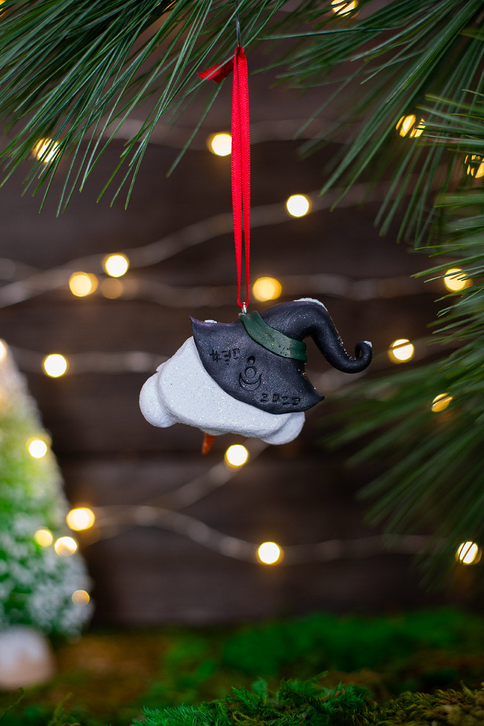 Witchy Snowmish Ornament w/ Red Ribbon #030