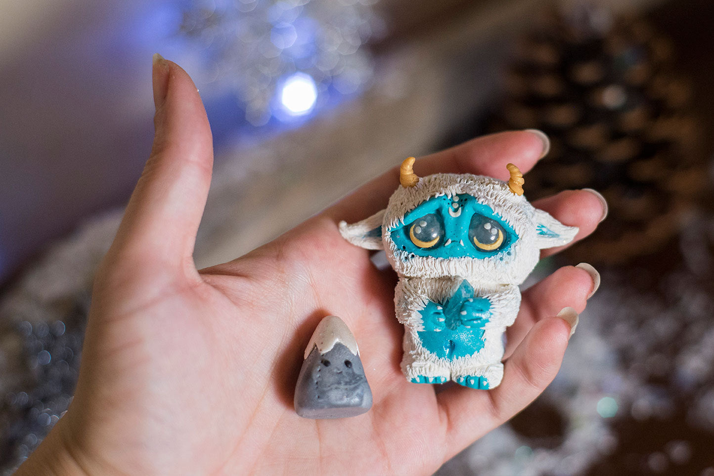 Frost the Yeti Mish and pet Mountain - OOAK collectible handmade polymer clay art toy gift