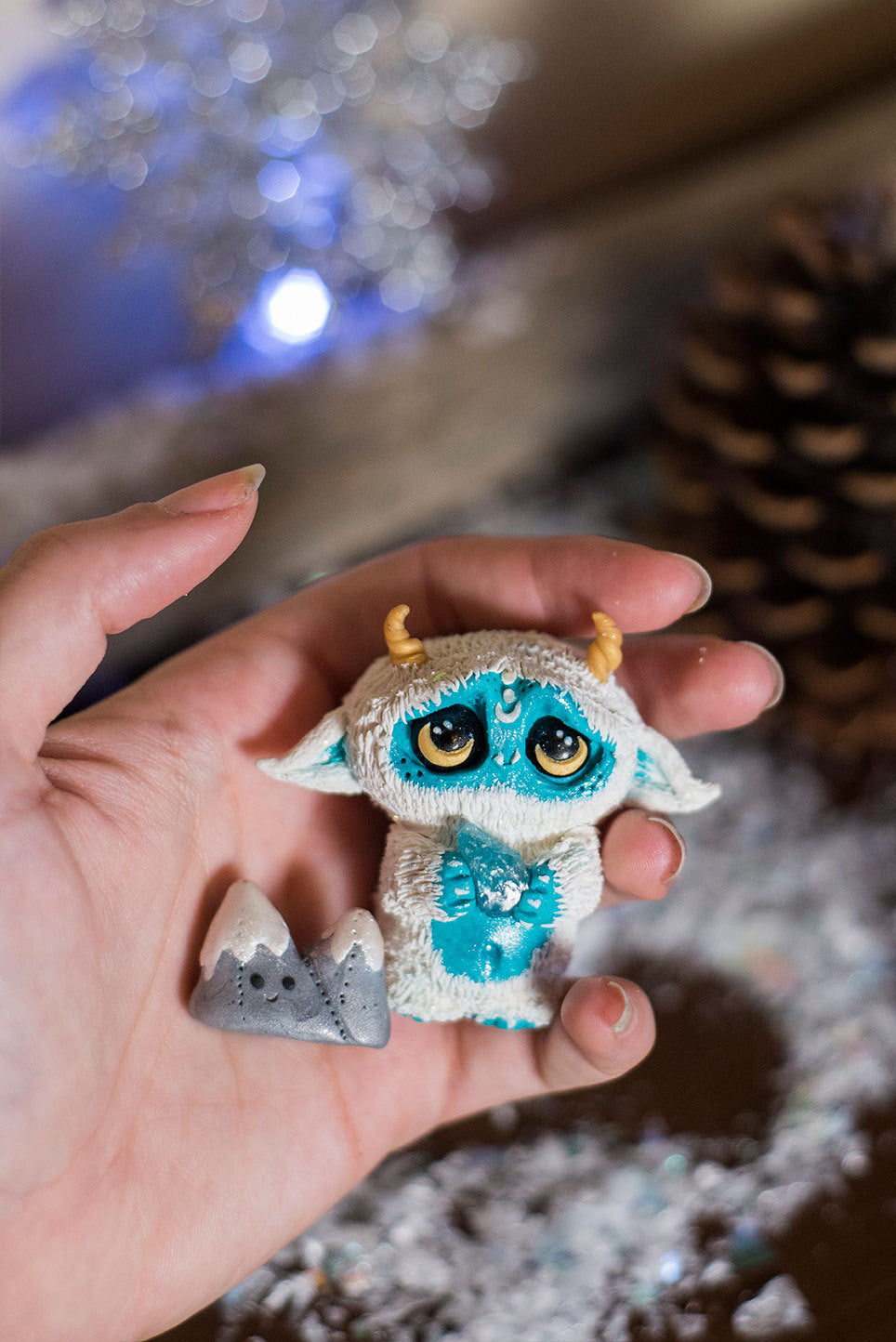 Glacier the Yeti Mish and pet Double Peak Mountain - OOAK collectible handmade polymer clay art toy gift
