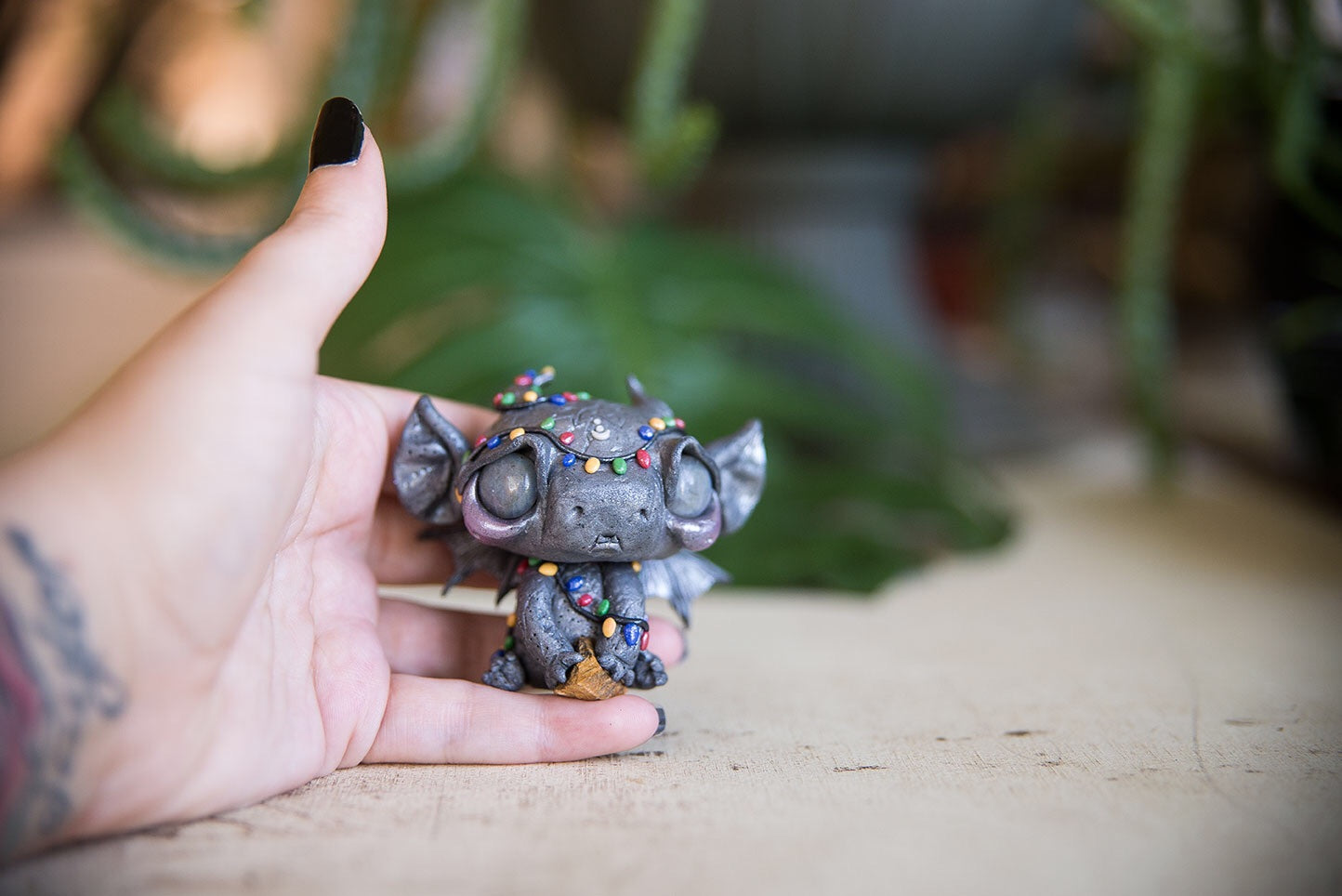 SALE! Gargoyle wearing String of lights with labradorite eyes, holding tigers eye #106