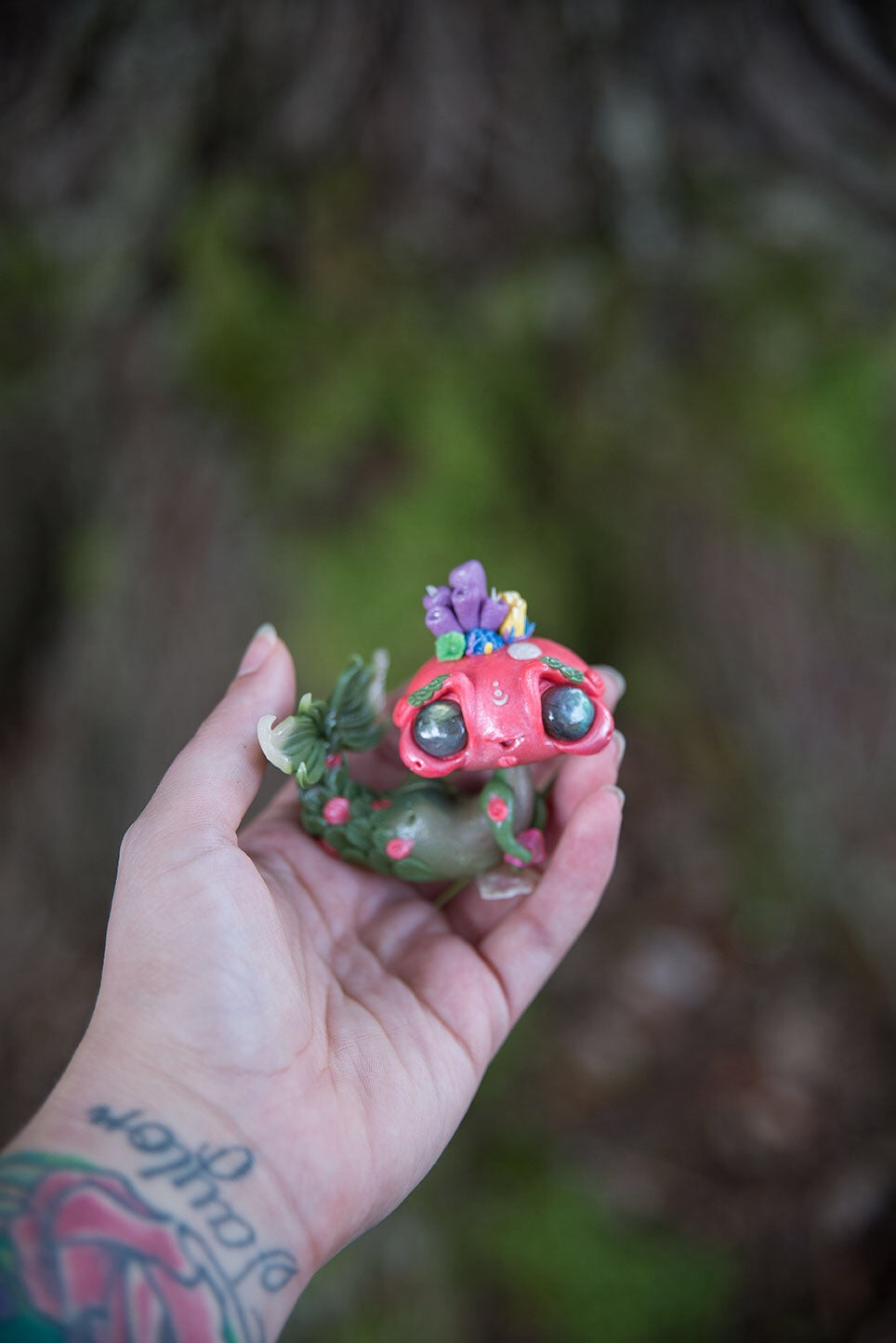 Salmon & Green Mermish w/ labradorite eyes & pink angel aura quartz #136