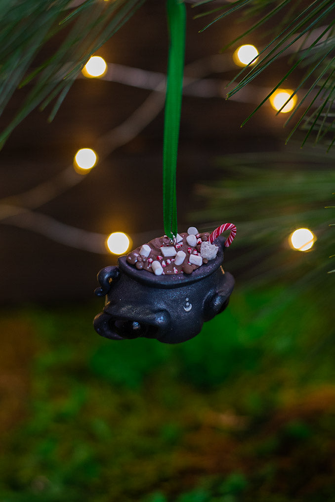 Peppermint Hot Cocoa Cauldron Ornament w/ Green Ribbon #029