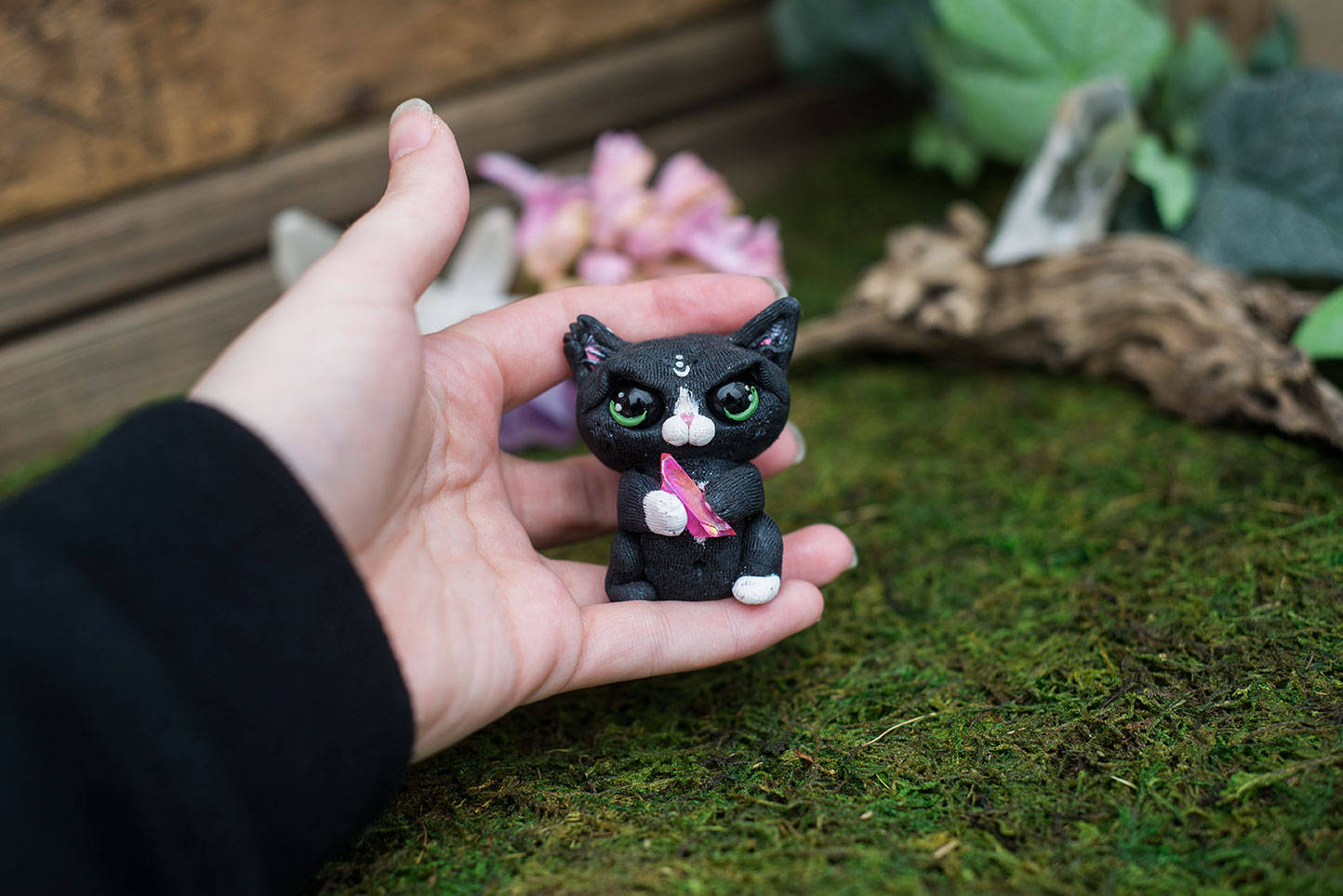 SALE!!! Black & White Angry Cat Mish - OOAK collectible handmade polymer clay art toy gift