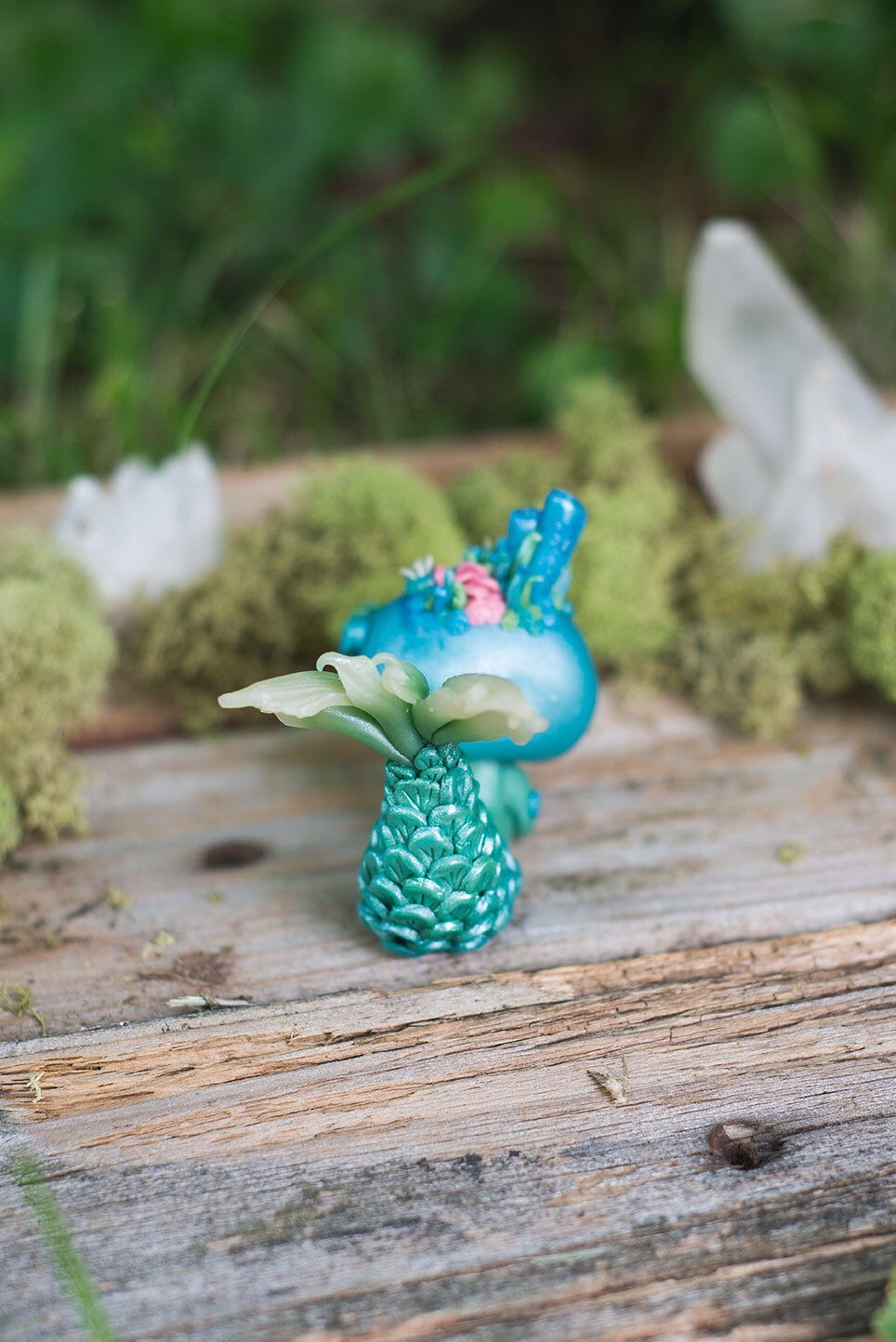 Back Tail View of Blue & Green Mermish - handmade polymer clay mermaid creature with coral reef on head holding obsidian